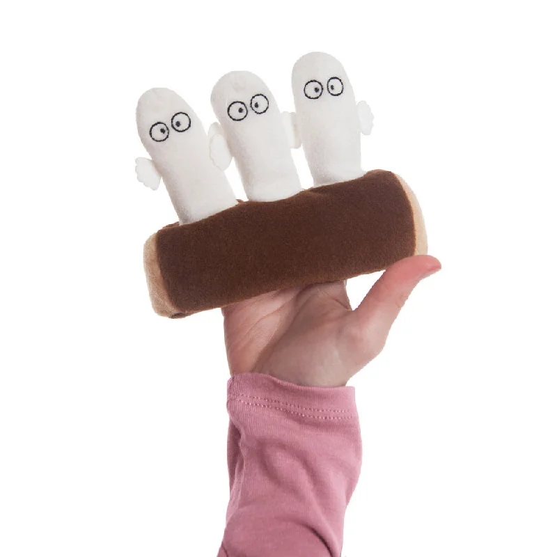 Sweet and innocent stuffed animalsHattifatteners on Log Finger Puppets