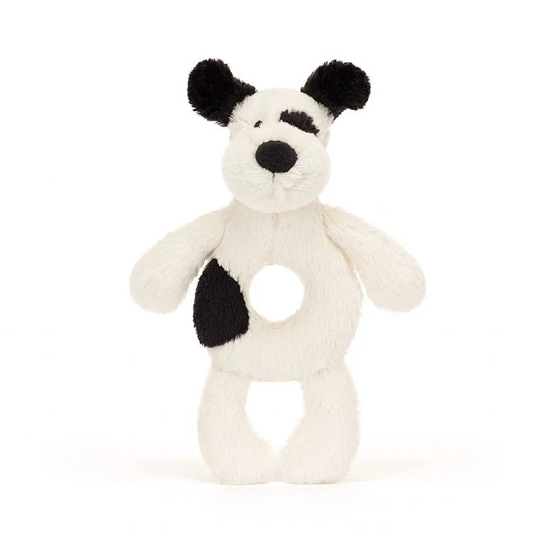 Huggable and comforting Jellycat creationsBashful Black & Cream Puppy Ring Rattle Jellycat Huggable and comforting Jellycat creationsBashful Black & Cream Puppy Ring Rattle Jellycat