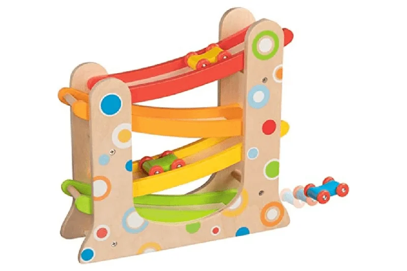 vibrant and colorful wooden toys for toddlers                   Goki Car Racing Track with 3 Cars