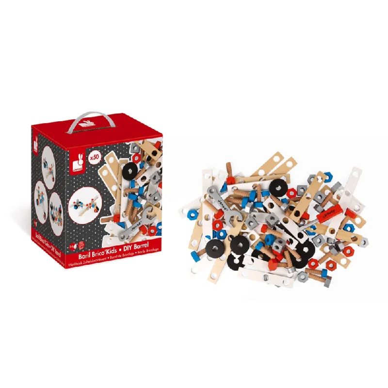 durable wooden toys                  Janod Bricokids DIY Barrel - 50pcs