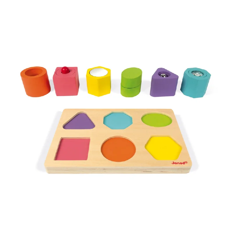sturdy and durable wooden toys for rough play                   Janod I Wood Shapes & Sounds 6-Block Puzzle