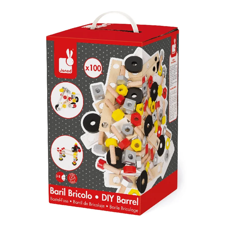 playful wooden toys                  Janod Redmaster Bricolo DIY Barrel 100 pcs