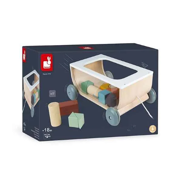 engaging wooden toys                   Janod Sweet Cocoon Cart With Blocks