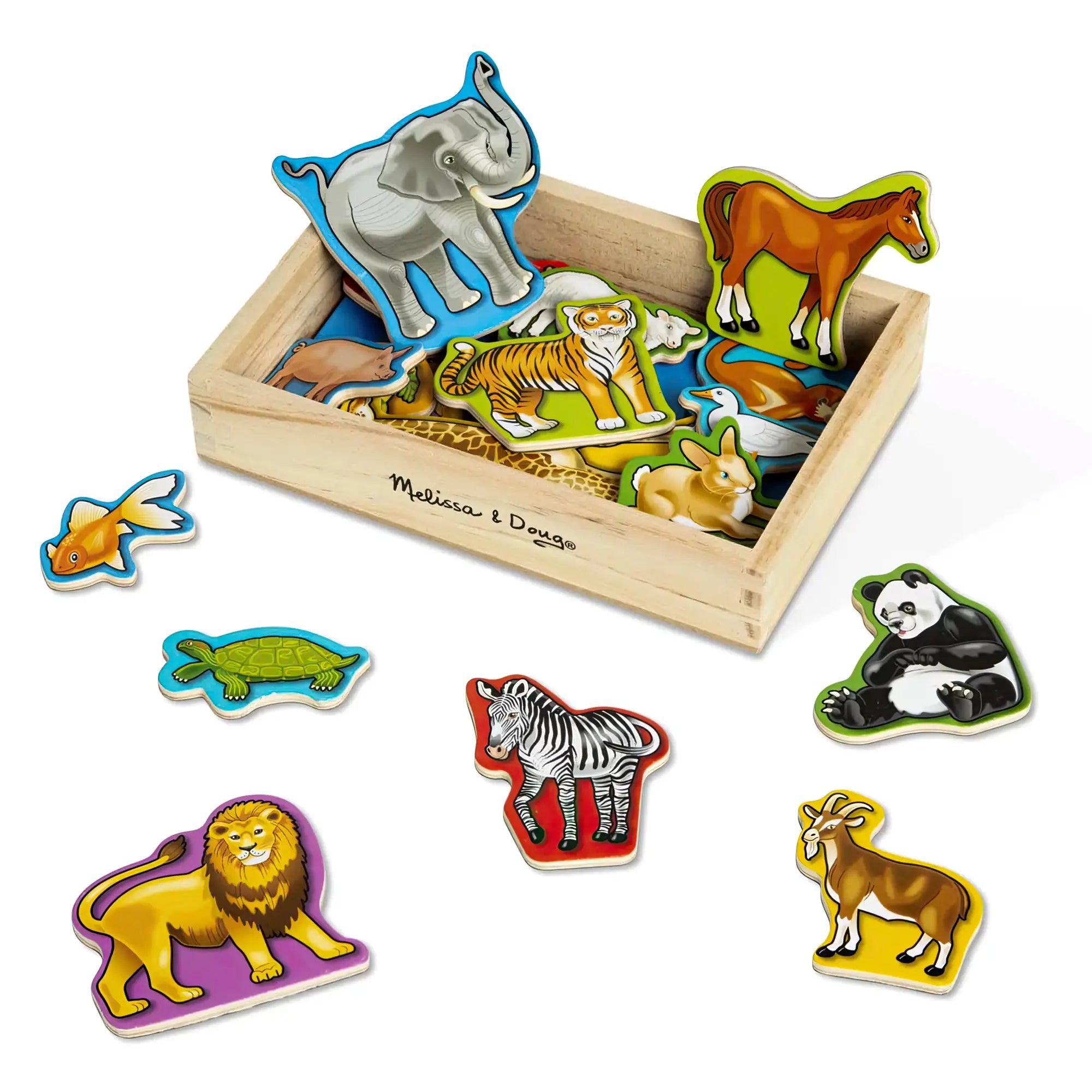 vibrant and colorful wooden toys for toddlers                   Melissa & Doug 20 Wooden Animal Magnets