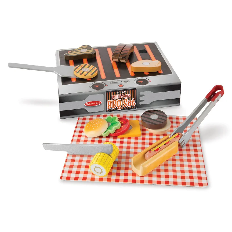 eco-conscious wooden toys                 Melissa & Doug Grill and Serve BBQ Set with Wooden Play Food