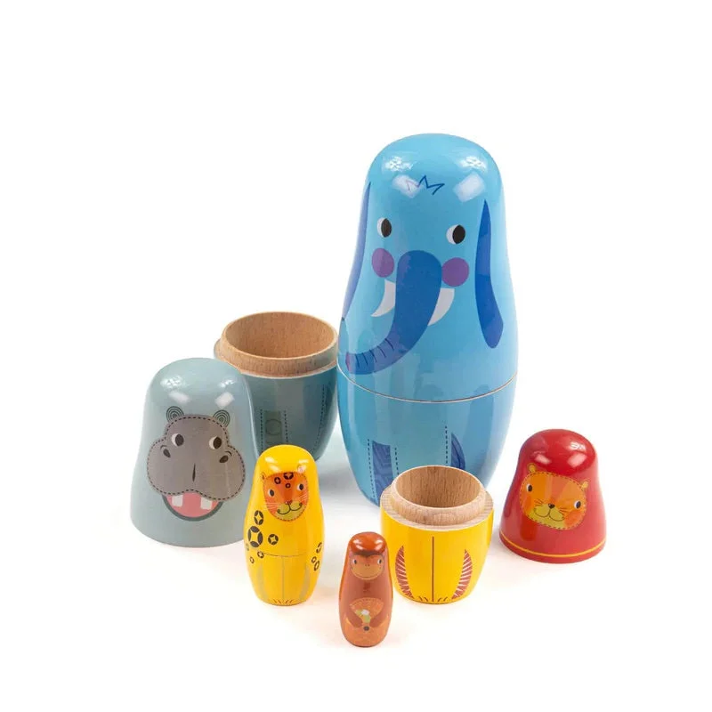 eco-friendly and sustainably made wooden toys                   Nesting Dolls Jungle Animals
