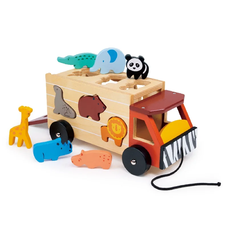 sturdy and long-lasting wooden toys for active play                   Shape Sorting Safari Truck