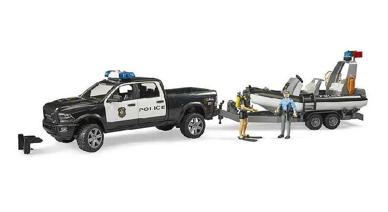 Realistic toy carsbruder RAM 2500 Police Pickup mit Licht- und Soundmodul, Anhänger und Boot Realistic toy carsbruder RAM 2500 Police Pickup mit Licht- und Soundmodul, Anhänger und Boot